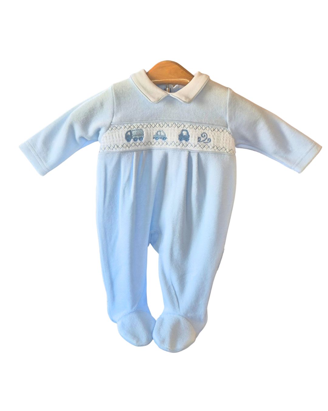 Sky blue velour baby sleepsuit with smocked chest panel