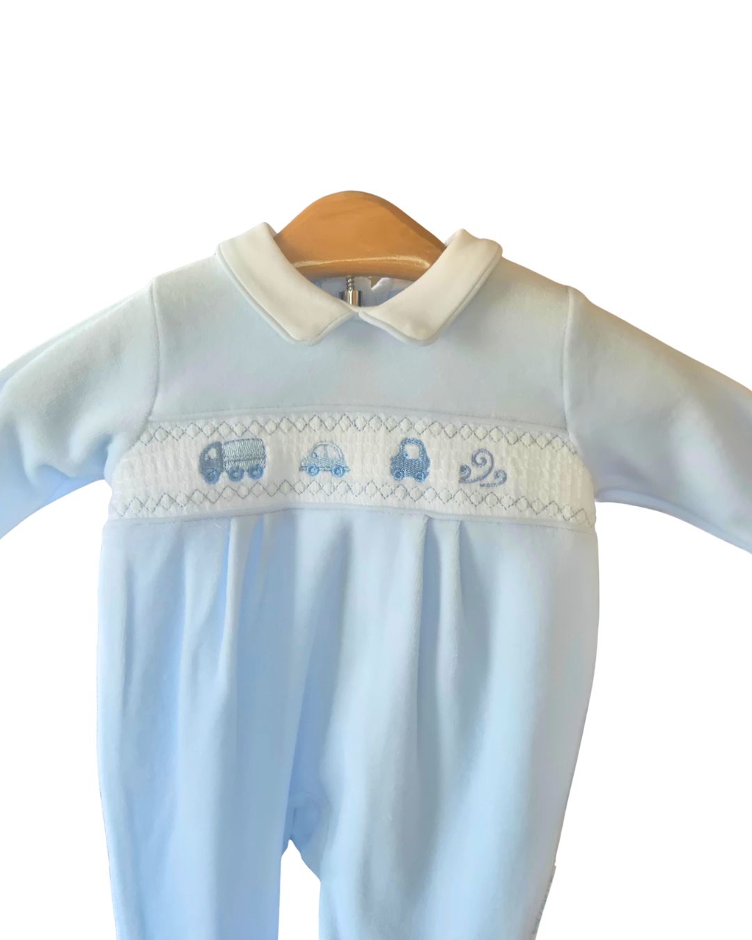 Baby boys blue velour sleepsuit with embroidered cars
