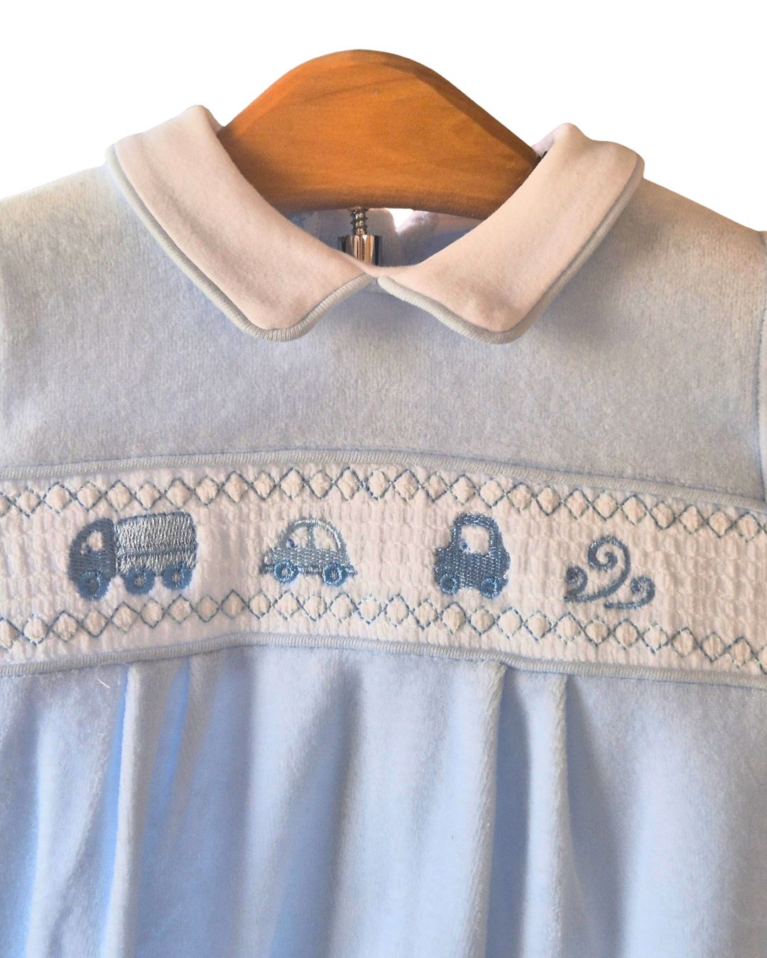 Baby boys traditional velour sleepsuit with cars and lorry