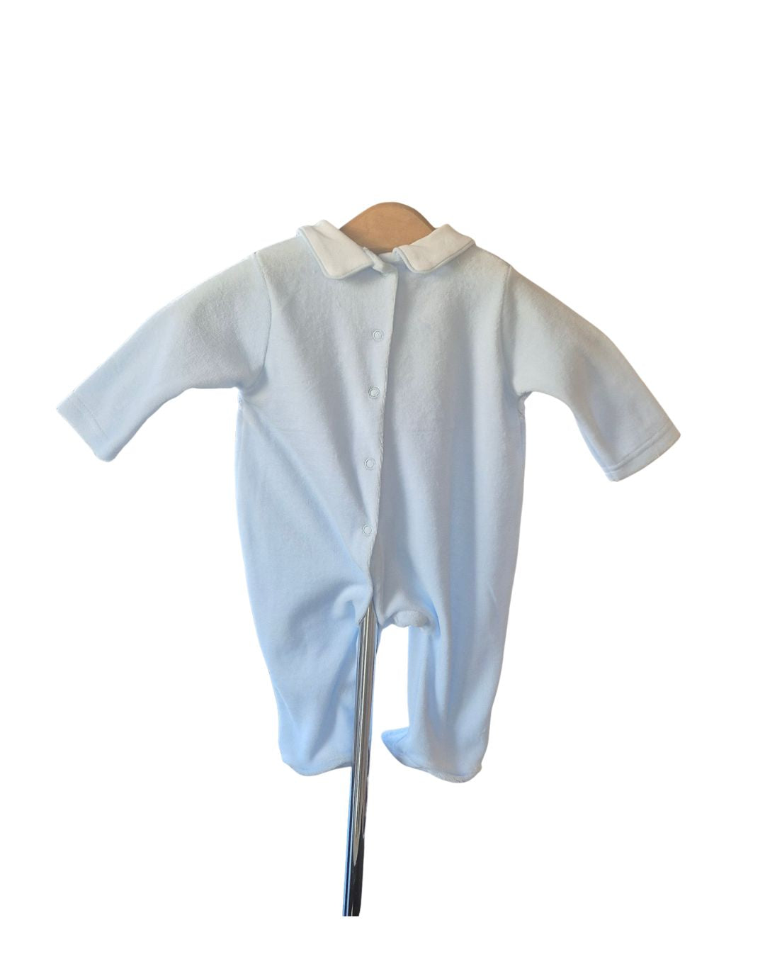 Baby boys footed sky blue velour sleepsuit