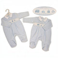 Sky blue baby boys velour sleepsuit with Peter Pan collar