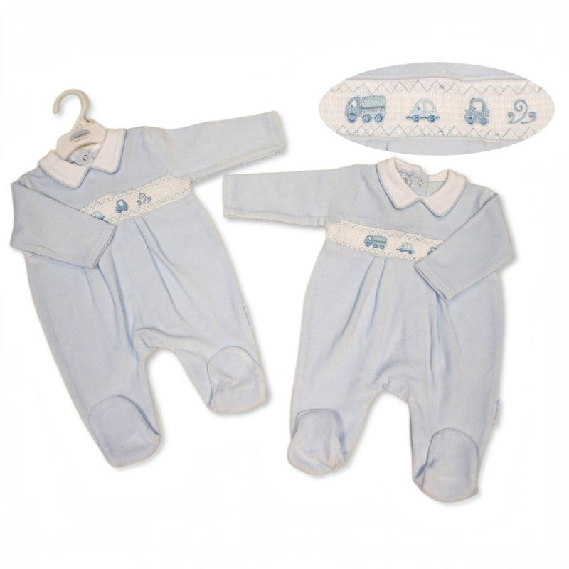 Sky blue baby boys velour sleepsuit with Peter Pan collar