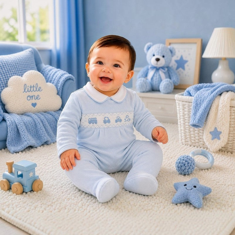 Baby boys cars and lorry embroidered sleepsuit
