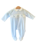 Boys dinosaur sleepsuit with white smocked chest panel