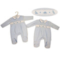 Sky blue baby boys velour sleepsuit with embroidered dinosaurs and stars