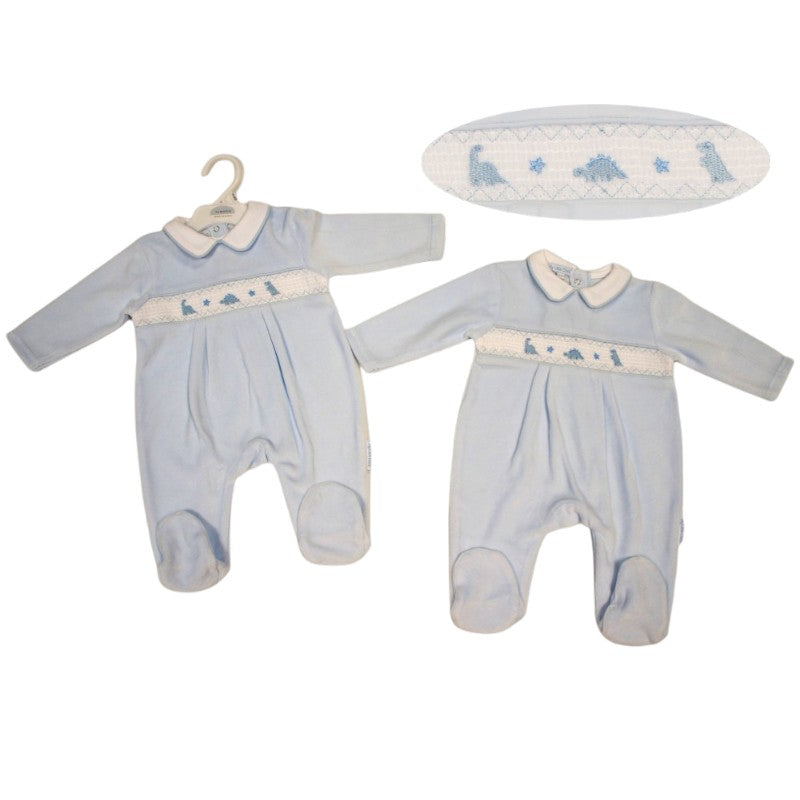 Sky blue baby boys velour sleepsuit with embroidered dinosaurs and stars