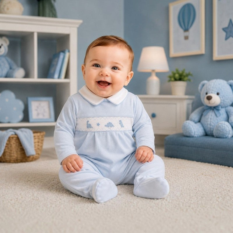 Boys sky blue velour dinosaur sleepsuit with Peter Pan collar