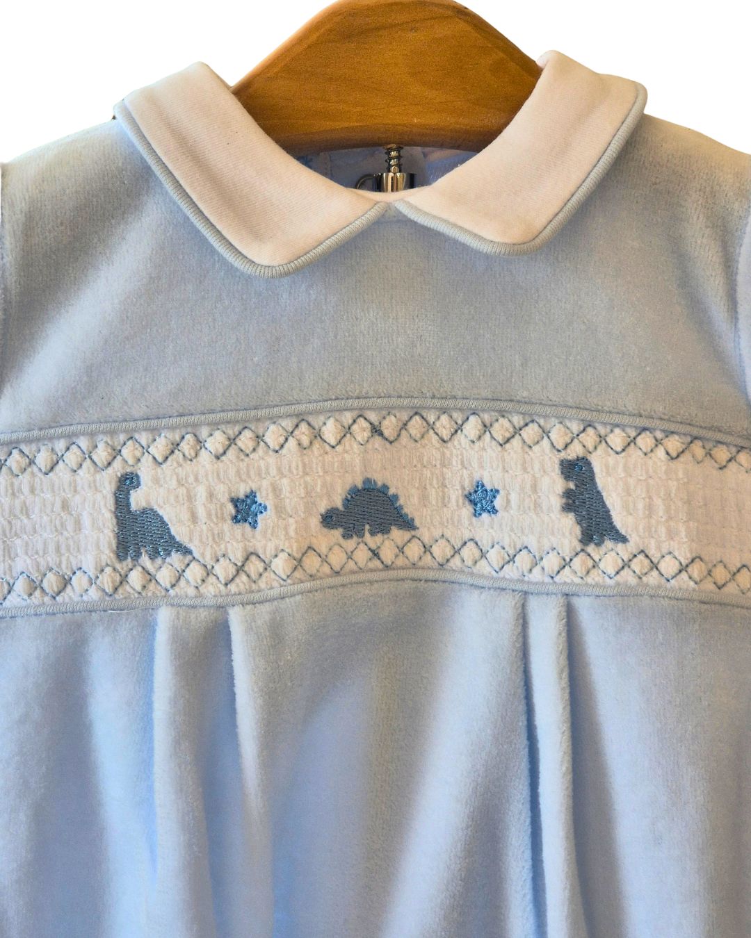 Baby boys dinosaur sleepsuit with white collar and built-in feet