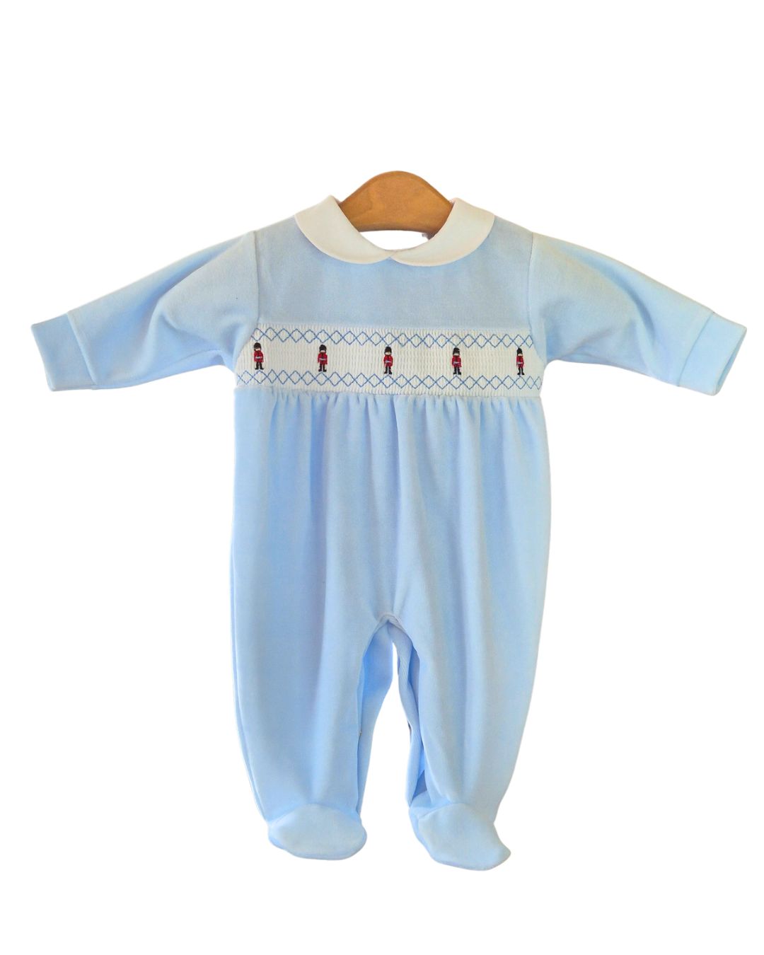 Kleo Kids sky blue velour smocked soldiers sleepsuit with red-uniform embroidery and white Peter Pan collar