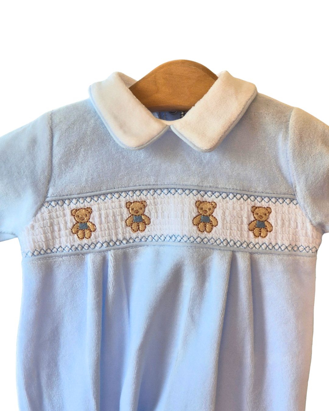 Baby boys velour sleepsuit with white smocked chest