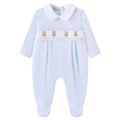 Sky blue baby boys sleepsuit with embroidered teddy bears