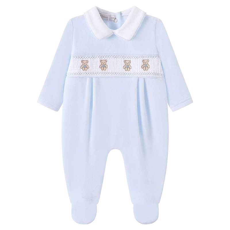 Sky blue baby boys sleepsuit with embroidered teddy bears