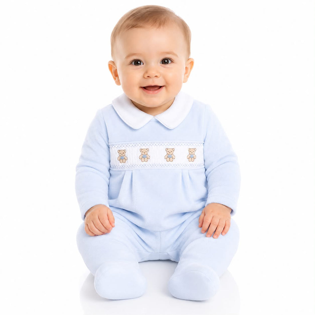 Sky blue velour smocked teddy bear sleepsuit