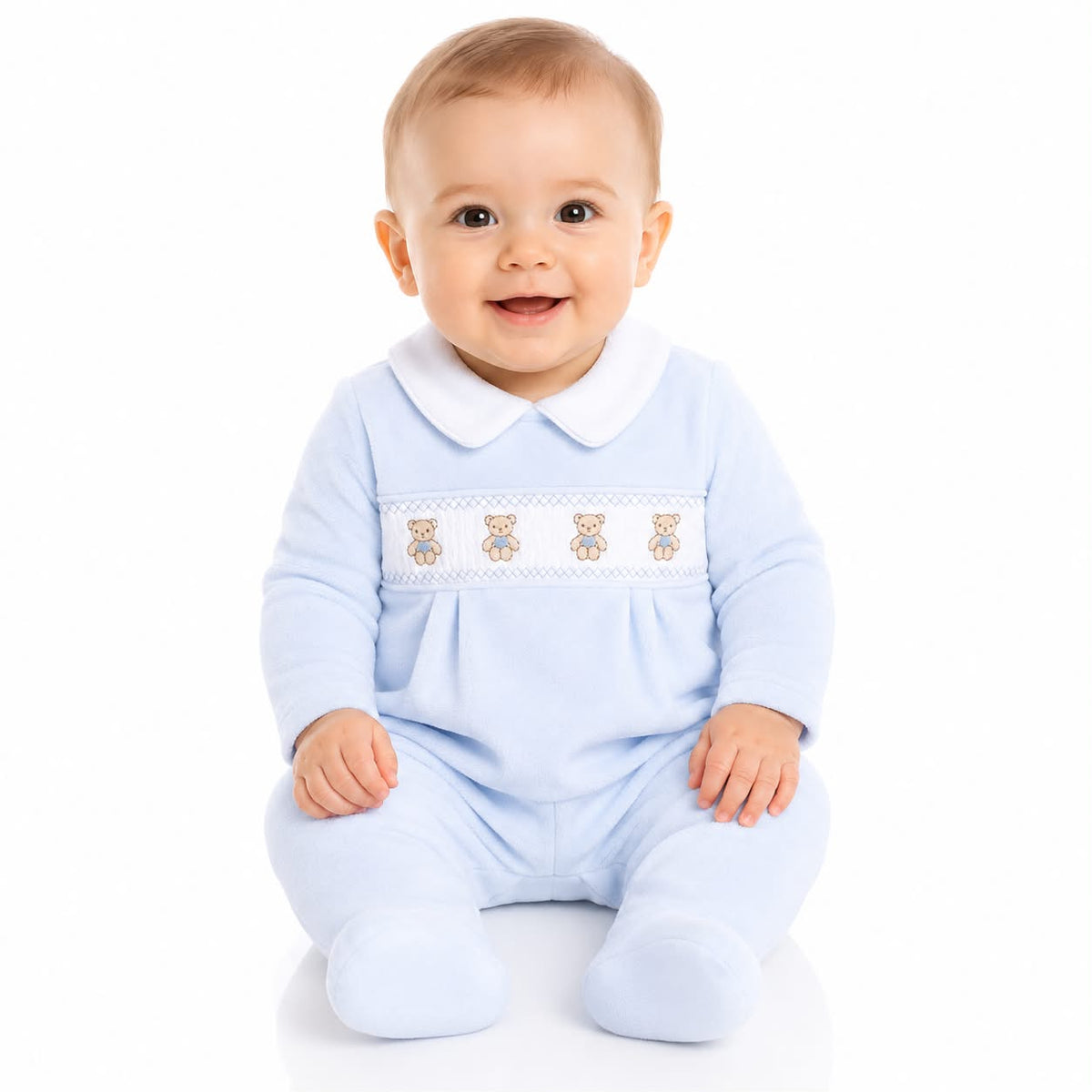 Boys sky blue teddy bear velour sleepsuit