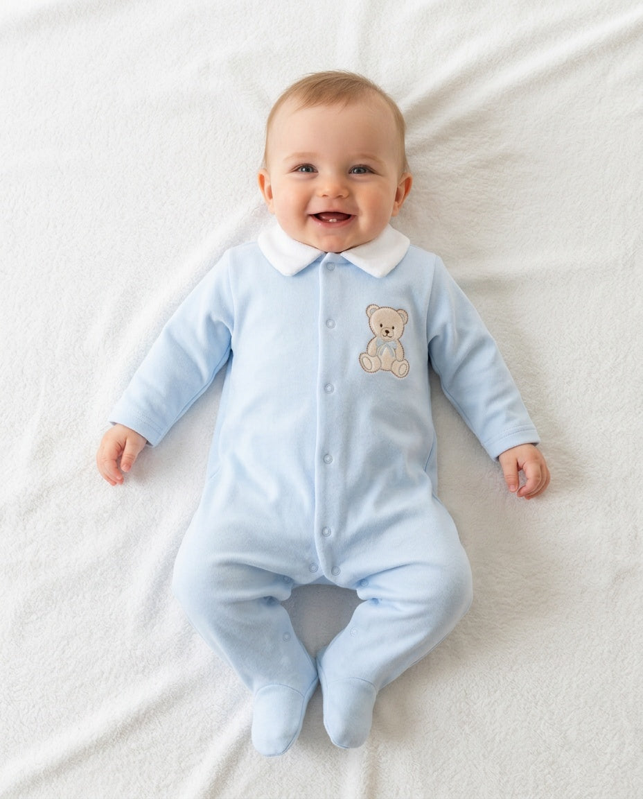 Teddy bear embroidered baby sleepsuit