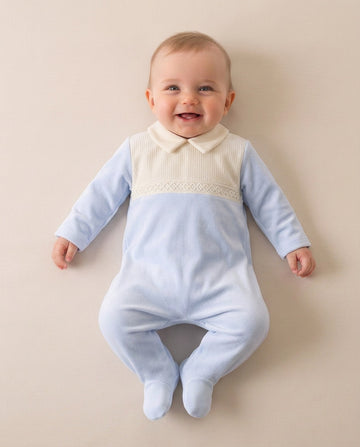 Baby boys sky blue and ivory sleepsuit