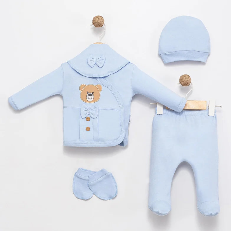 Baby boys sky blue teddy outfit with hat mittens and bib