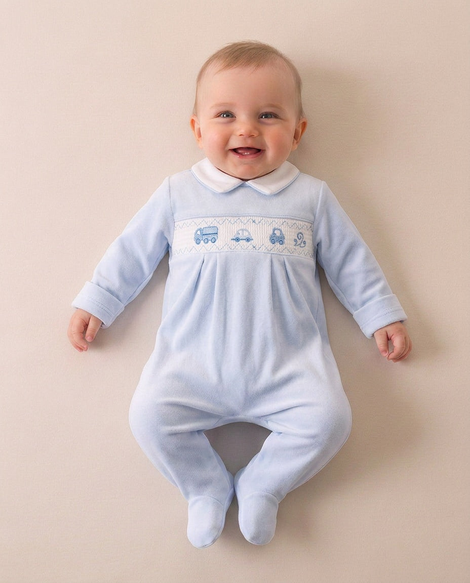 Baby boys sky blue velour cars sleepsuit