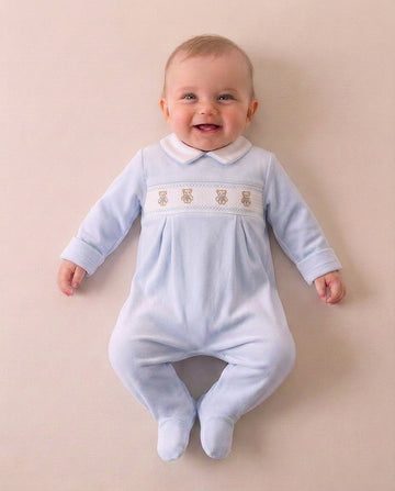 Sky blue velour smocked teddy bear sleepsuit