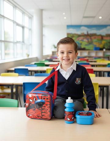 Spiderman lunch bag with lunch box and bottle