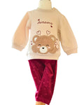 Girls cream teddy bear top with burgundy velour trousers