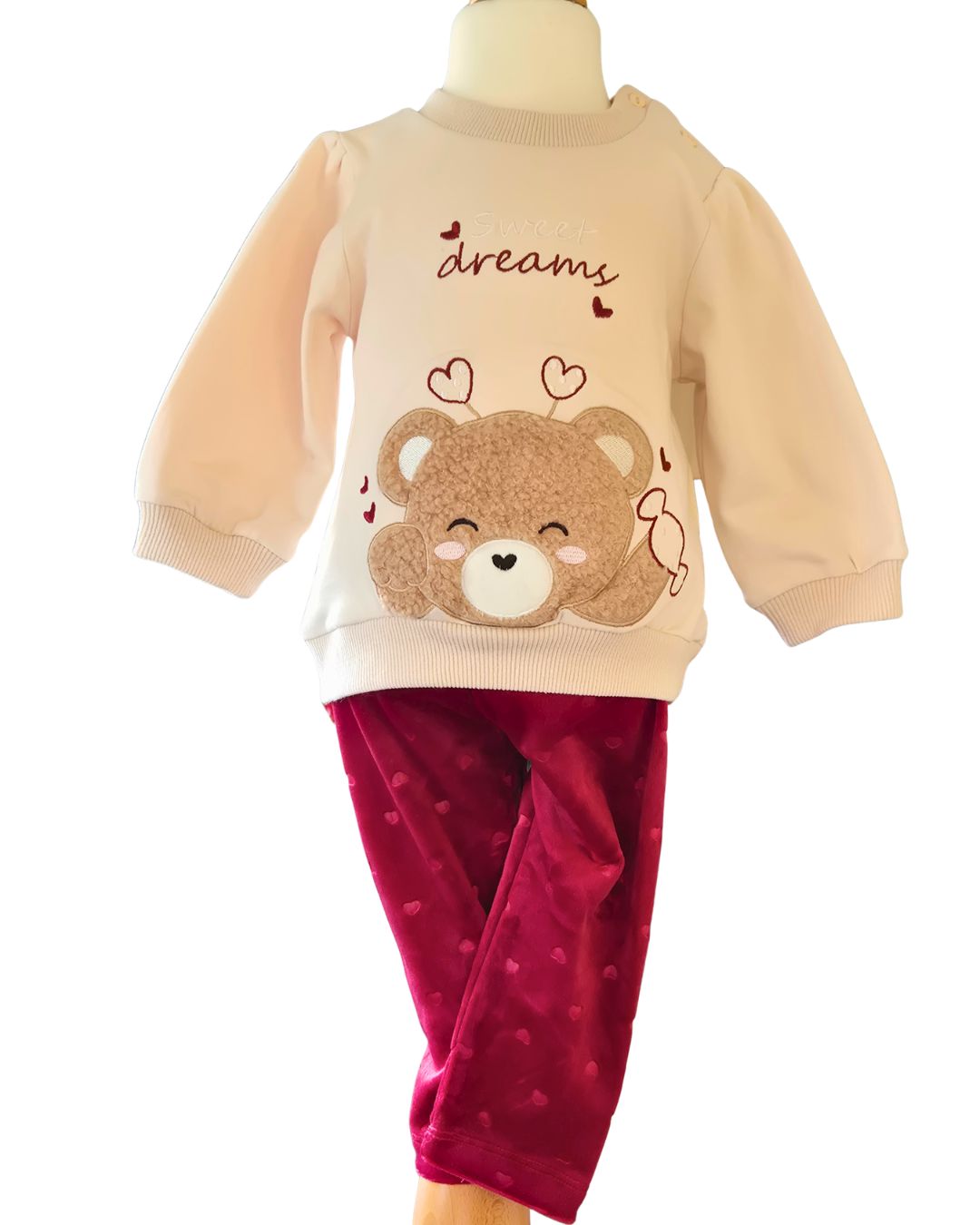 Girls cream teddy bear top with burgundy velour trousers