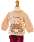 Baby girls teddy bear top and burgundy velour trousers