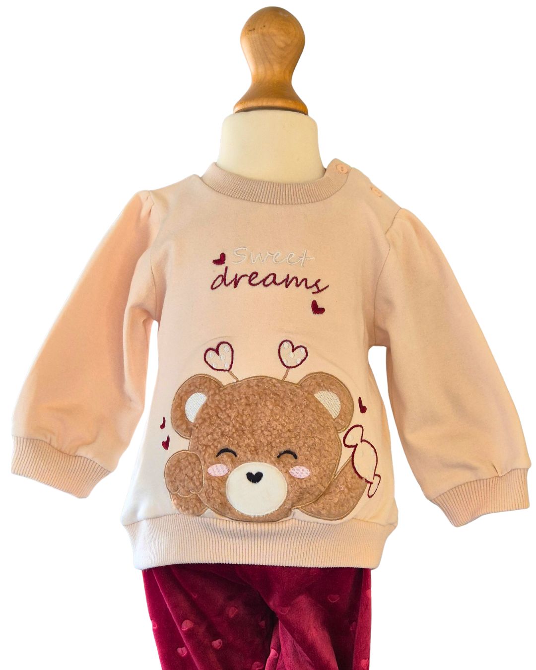 Baby girls teddy bear top and burgundy velour trousers