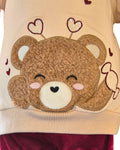 Girls cream teddy appliqué top with burgundy trousers
