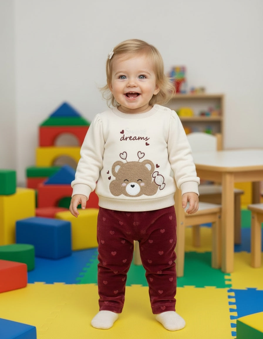 Girls Sweet Dreams teddy bear top and burgundy velour trousers set