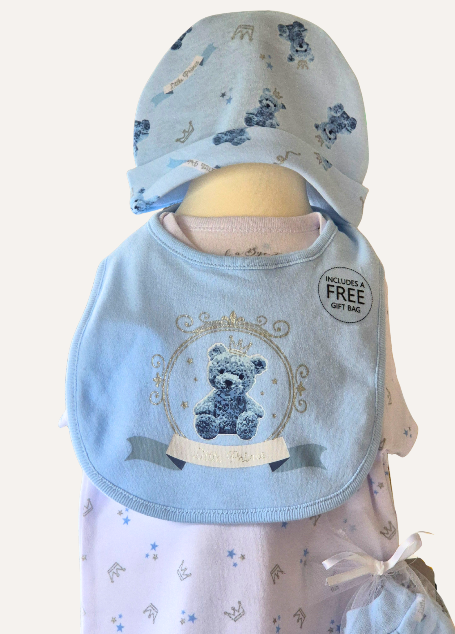 Close up of the Baby boys Teddy Prince bib part of the 5 piece set by Rock A Bye Baby