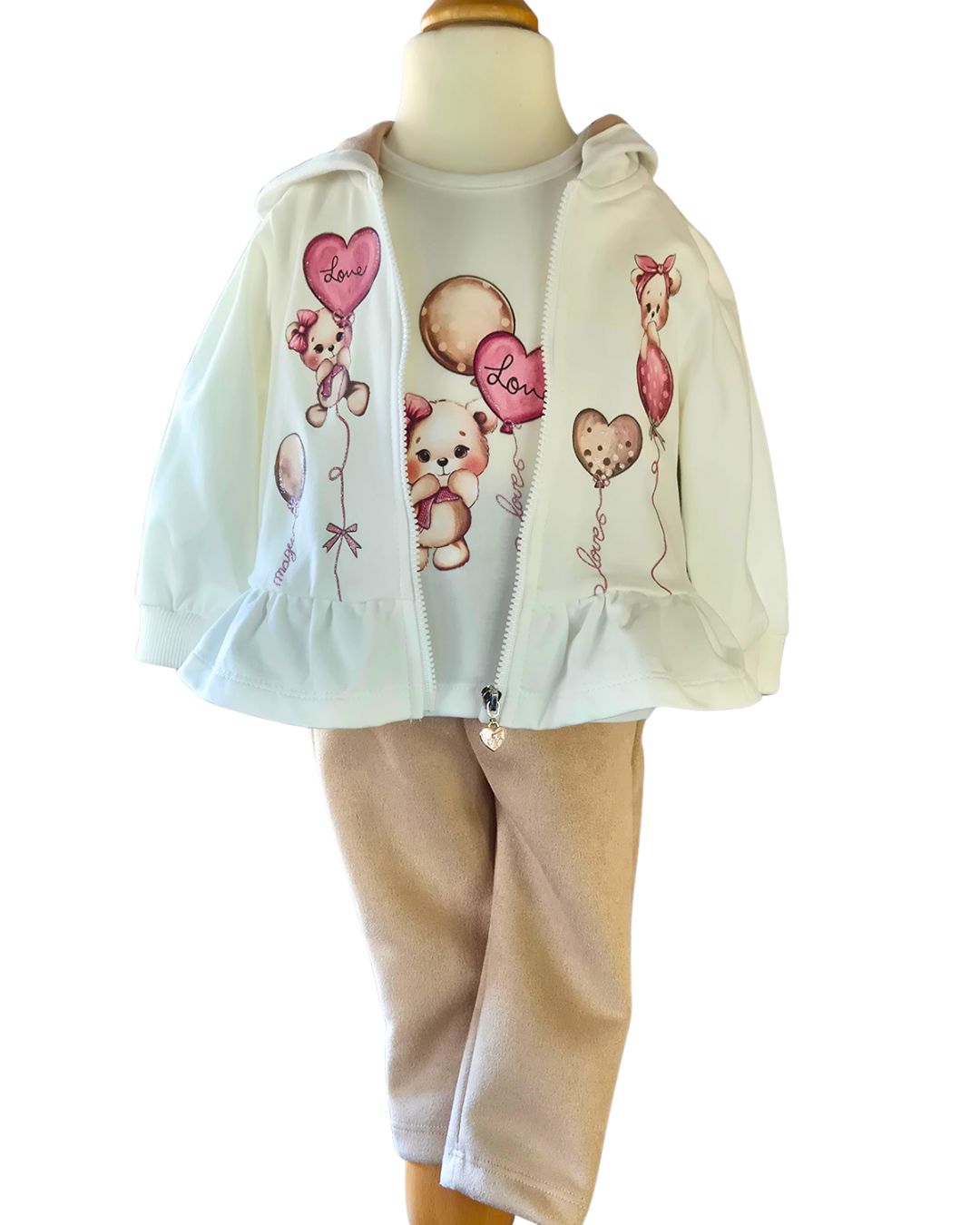 Girls beige and cream teddy love 3 piece set with hooded jacket and balloon designs