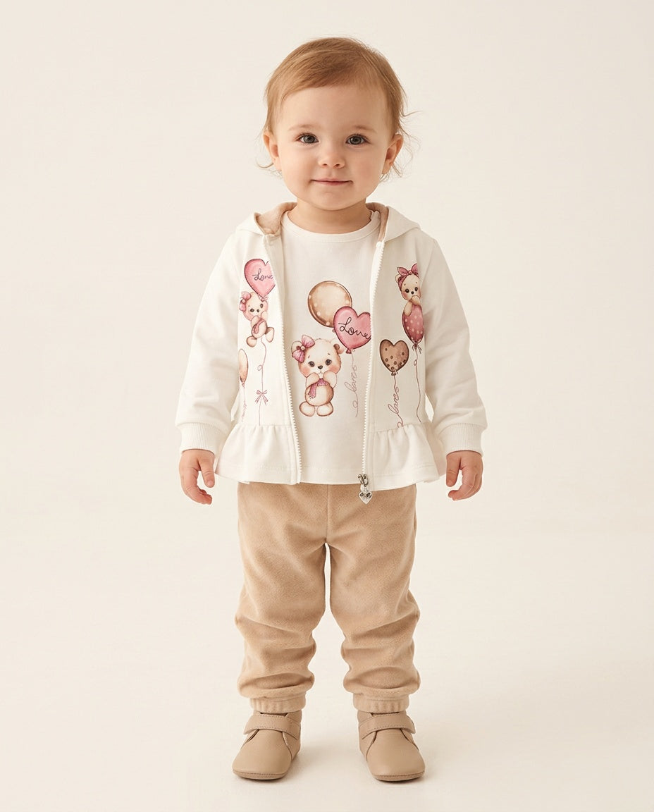 Girls beige and cream teddy love 3 piece set with hooded jacket and balloon designs