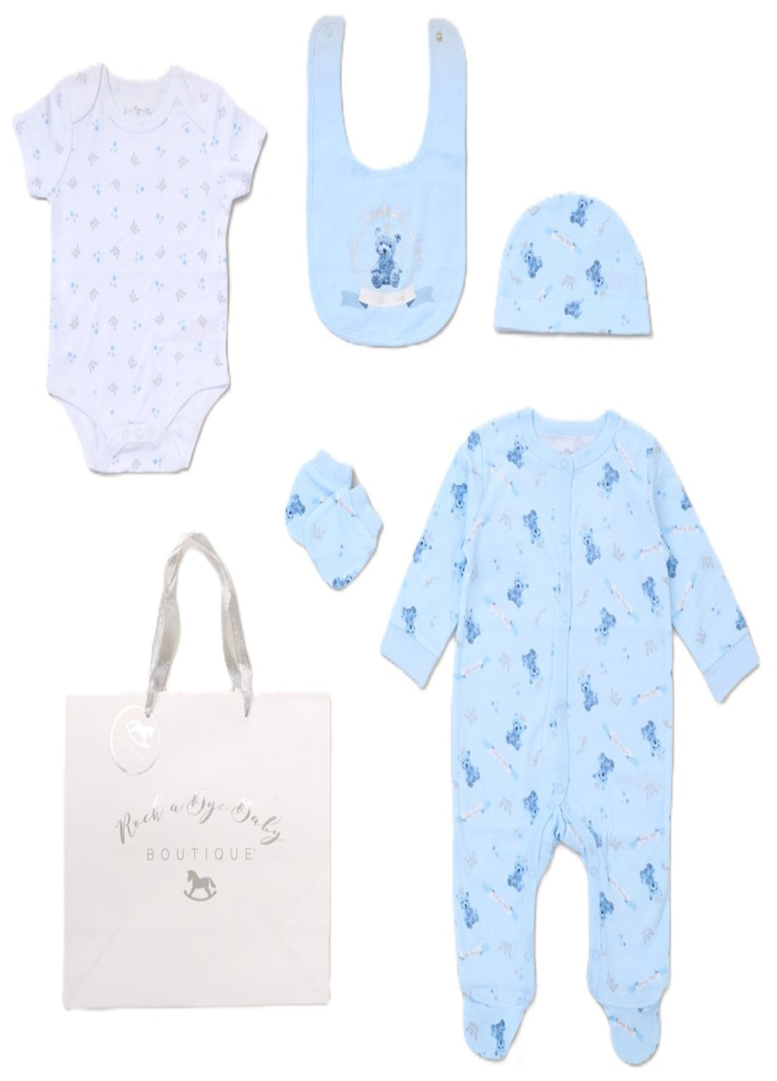 Baby Boys Teddy Prince 5 piece layette set with free gift bag from Rock A Bye Baby
