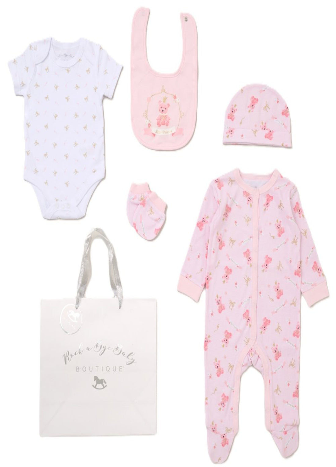 Baby Girls pink Teddy Princess 5 piece layette set by Rock A Bye Baby