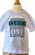 White t-shirt with 'Awesome One' print on a mannequin against a white background