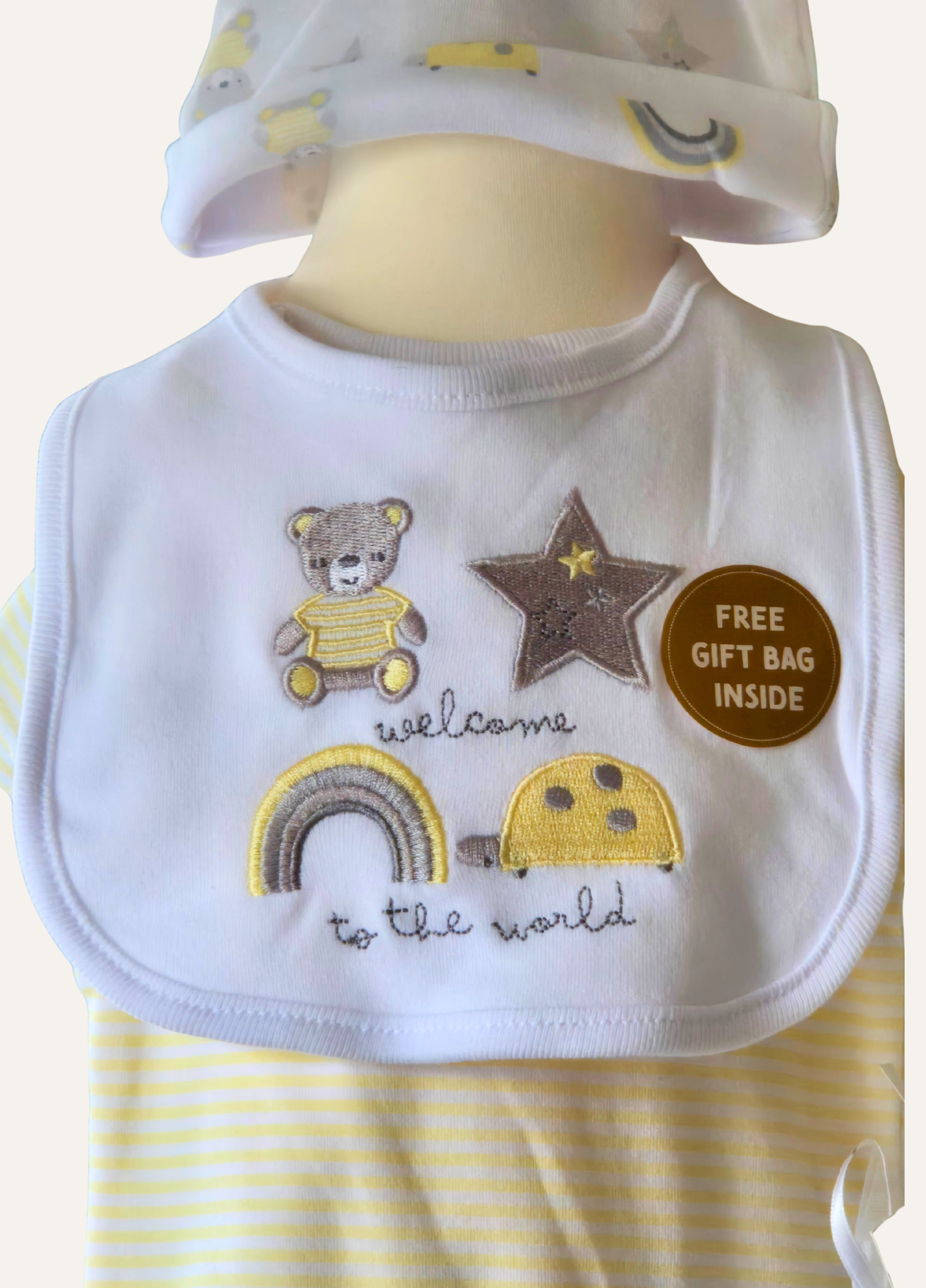 Close up of unisex bib part of the 5 piece layette set from Lily & Jack