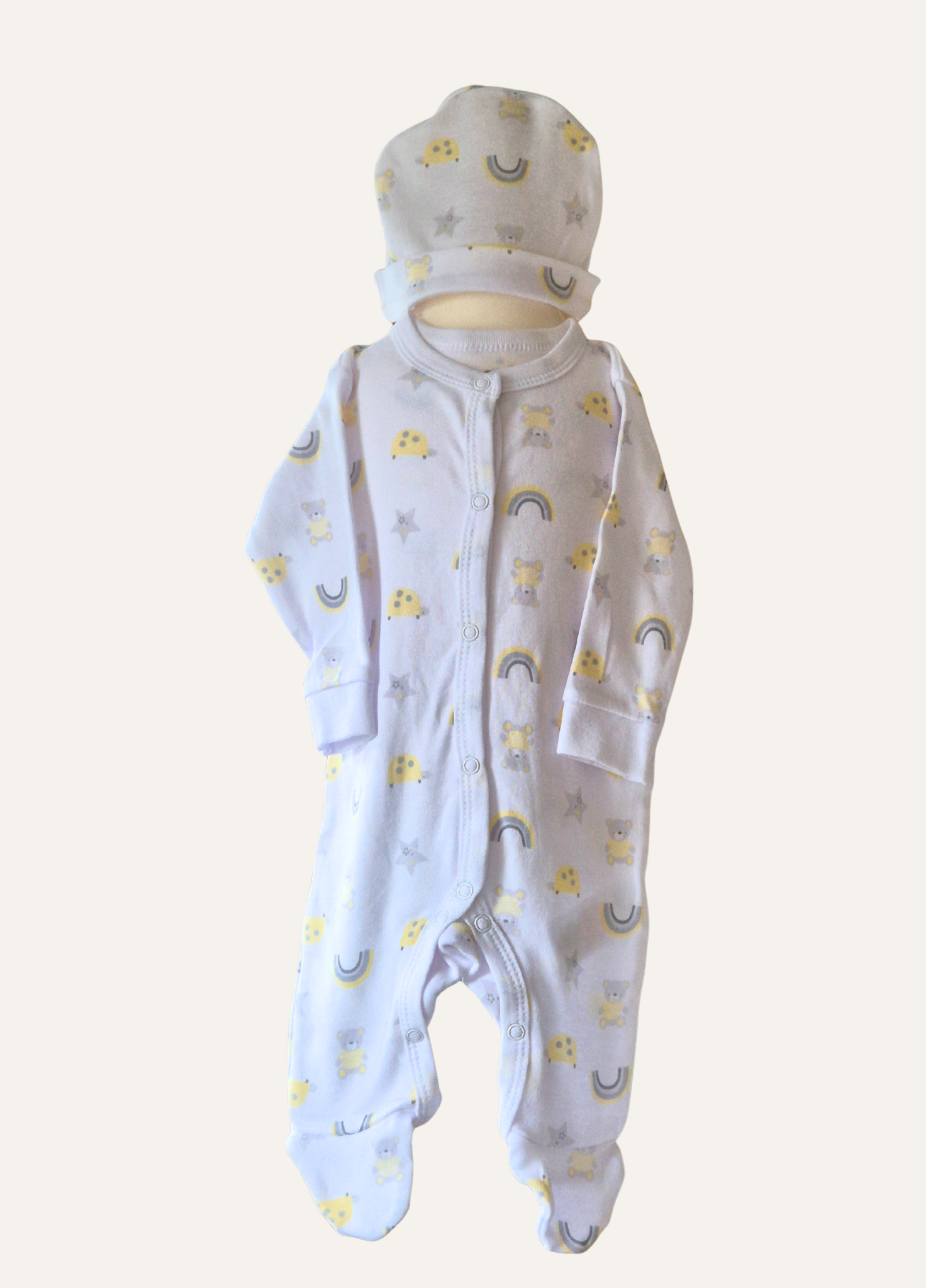 Unisex baby romper and hat part of the 5 piece layette set from Lily & Jack