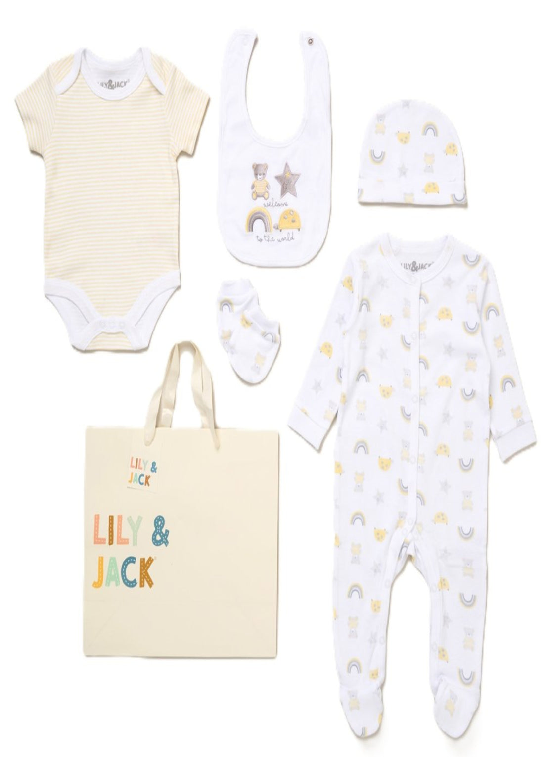 Unisex baby 5 piece layette set with romper, vest, hat, mittens, bib and free gift bag by Lilly & Jack