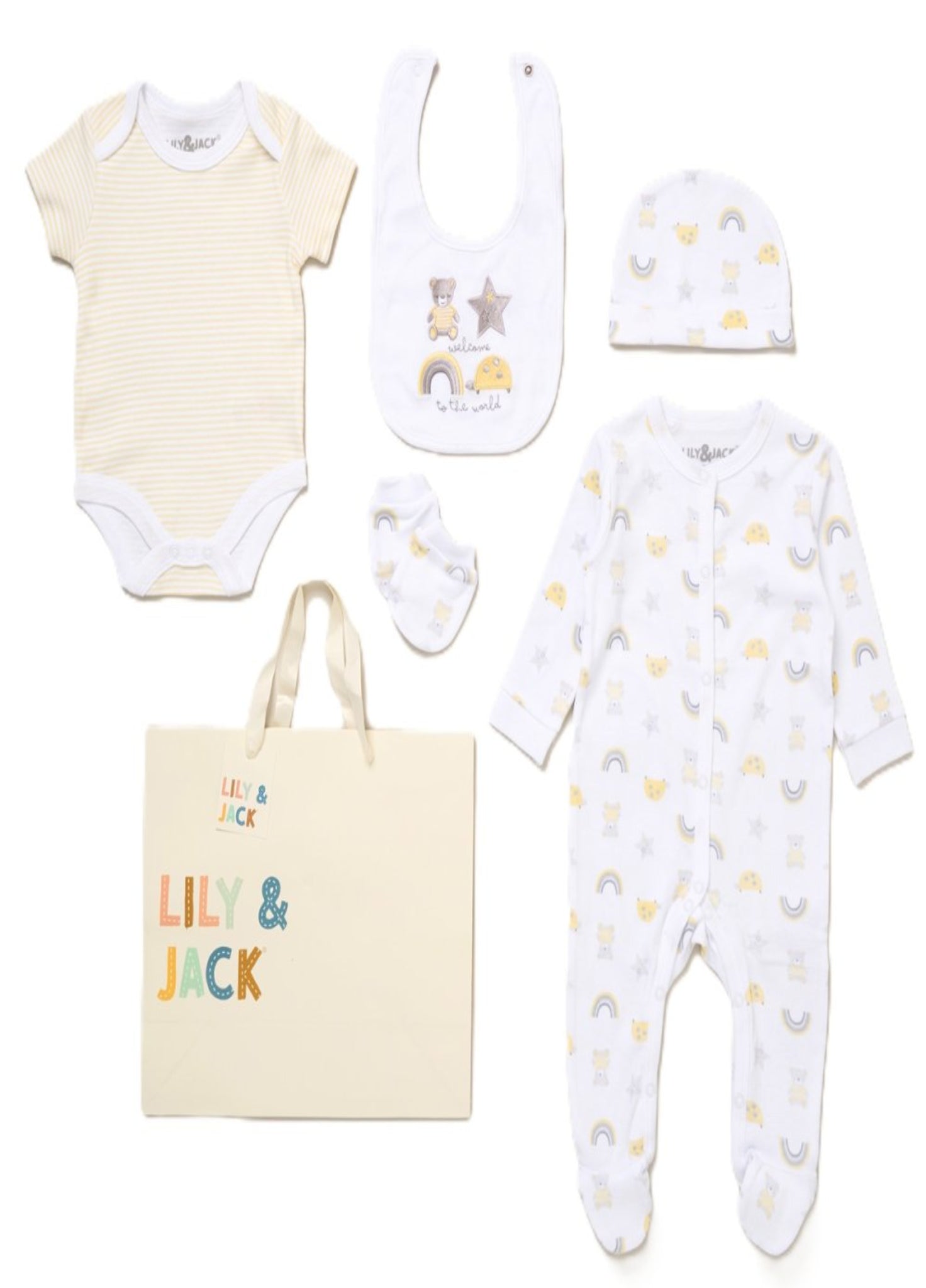 Unisex baby 5 piece layette set with romper, vest, hat, mittens, bib and free gift bag by Lilly & Jack