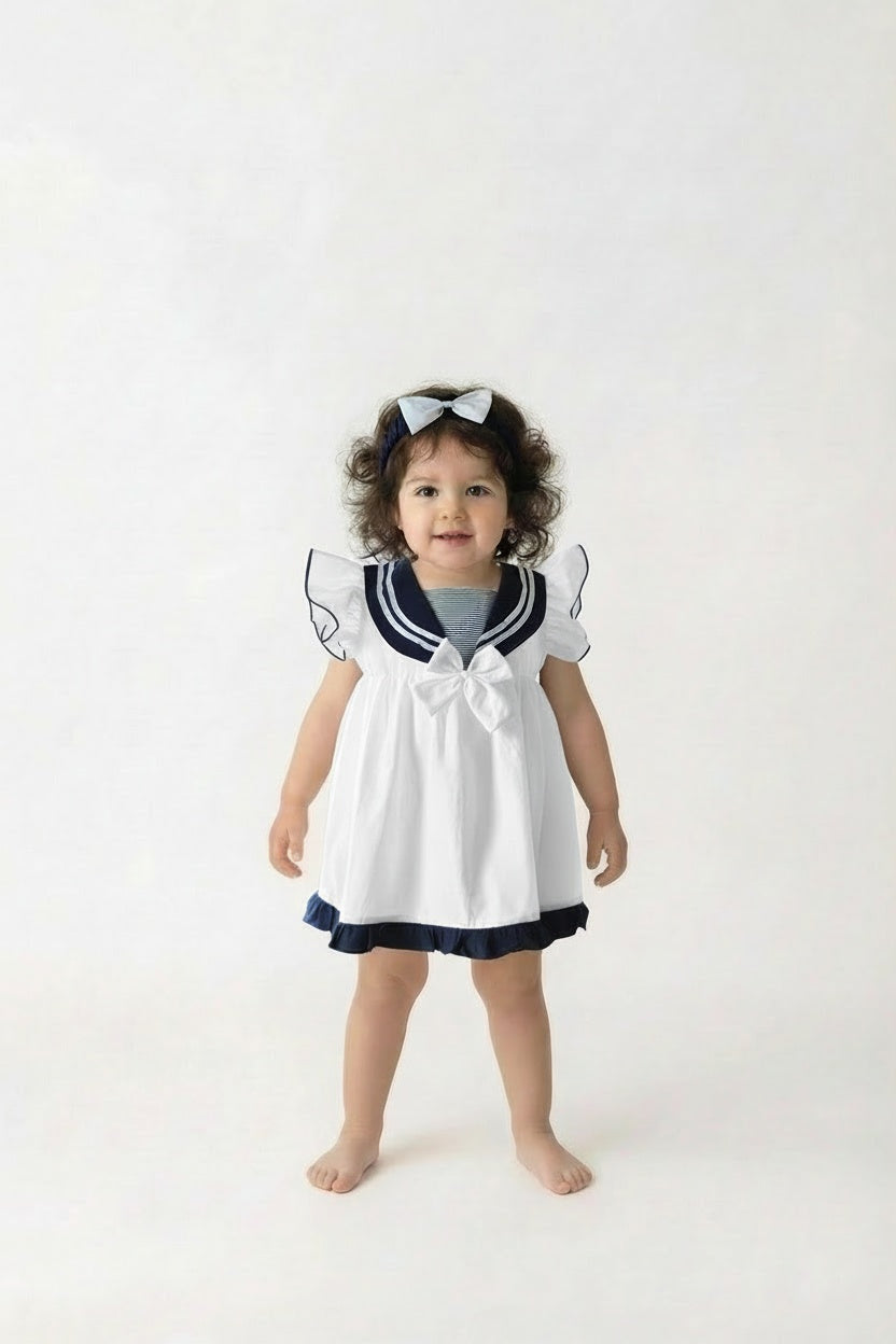 baby girls white and navy sailor dress set with headband