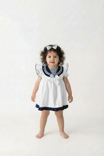 baby girls white and navy sailor dress set with headband