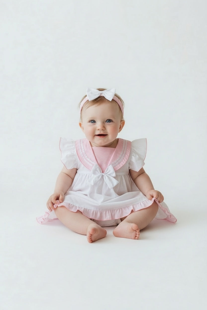 baby girls white and pink sailor dress set with headband