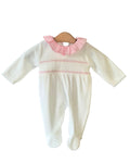 Baby white velour sleepsuit with pink embroidered smocking