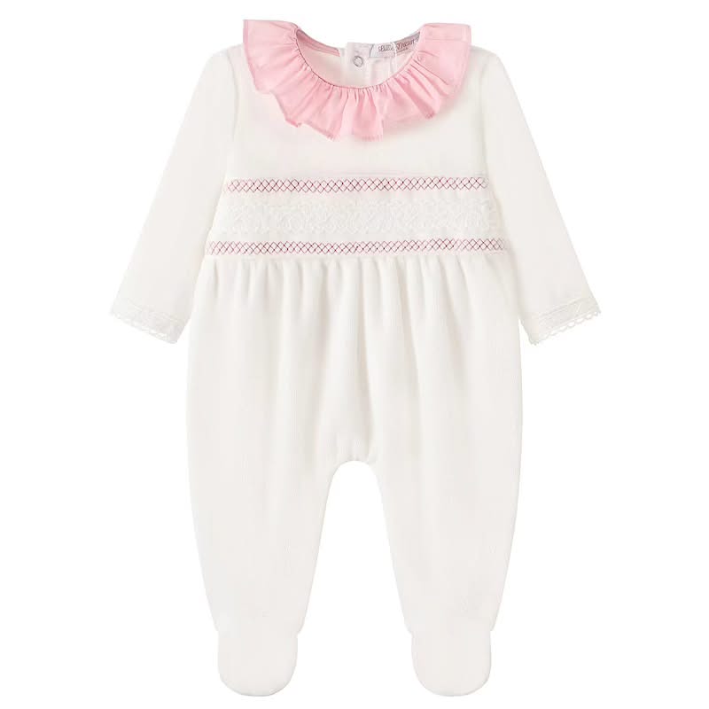 Baby white and pink smocked velour sleepsuit with frill neckline