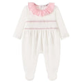 Baby white and pink smocked velour sleepsuit