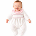 White and pink baby velour sleepsuit with frill neckline