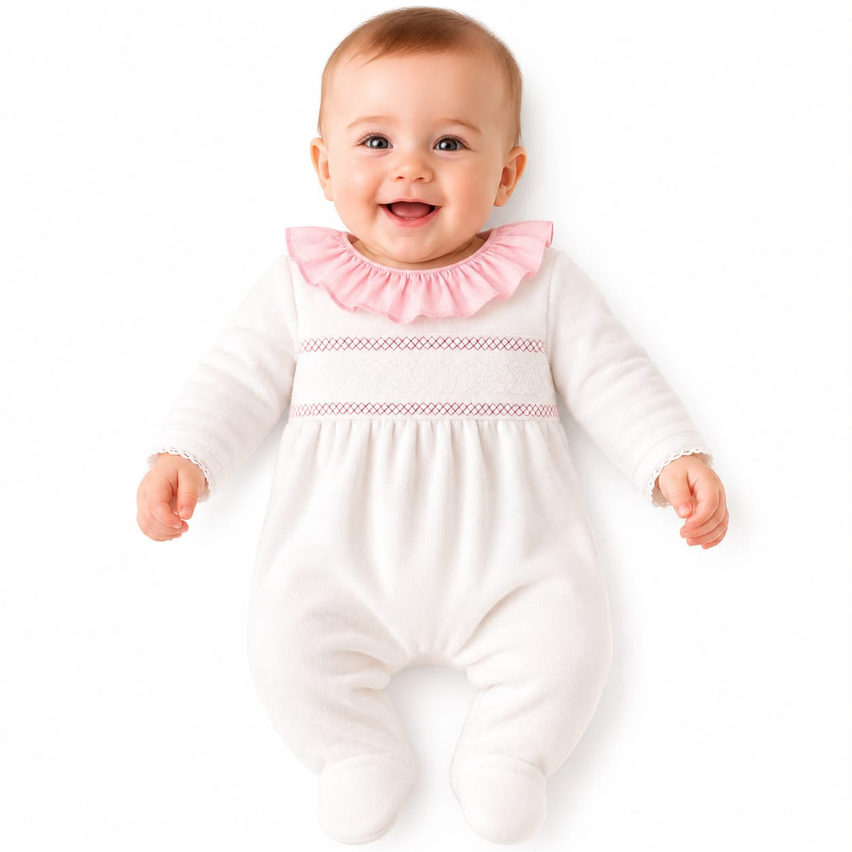White and pink baby velour sleepsuit with frill neckline