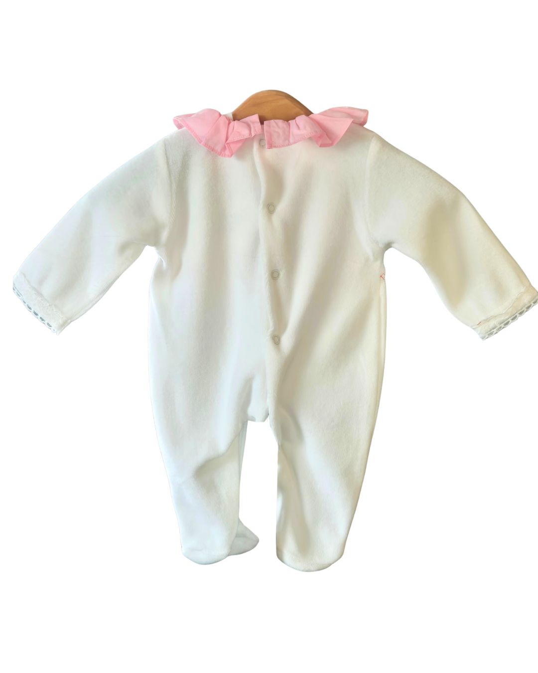 Baby long sleeve velour sleepsuit with pink frill neck