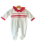 Baby white velour sleepsuit with red embroidered smocking
